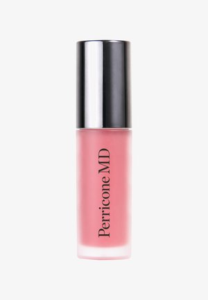 Perricone MD Lipgloss in einem durchsichtigen rosa Behälter, ausgestattet mit einem glänzenden schwarzen Schraubverschluss und fetter schwarzer Beschriftung an der Seite.