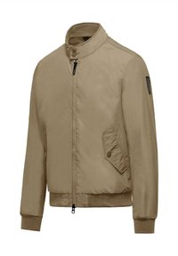 Giacca bomber color sabbia realizzata in tessuto liscio, con colletto alto, chiusura frontale con zip, tasche laterali e polsini e orlo a costine.