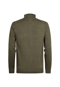 Olivgrüner Pullover mit hohem Kragen, langen Ärmeln, gerippten Bündchen und Saum, mit einer glatten Strickstruktur und dezenten Schulternähten.