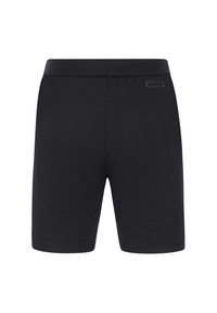 Zwarte sportshorts van zacht, rekbaar materiaal, met een elastische tailleband en minimale branding aan de achterkant.
