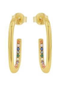 Pendientes de aro de oro con un diseño suave y curvado, con piedras preciosas de colores incrustadas a lo largo del borde, asegurados con un cierre de tuerca.