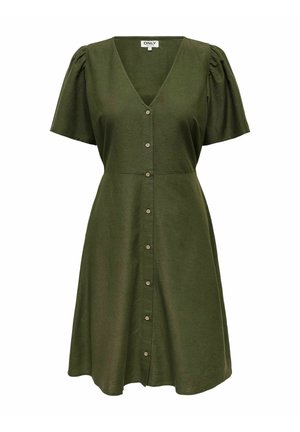 Robe vert foncé en tissu doux, avec un décolleté en V, des manches courtes à volants, des boutons à l'avant et une jupe évasée.