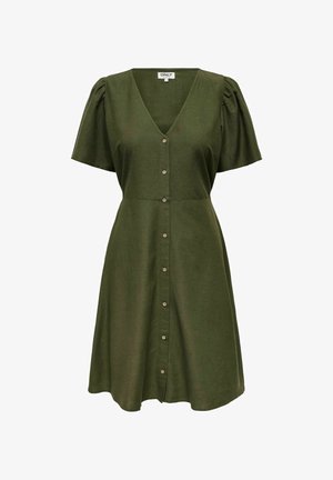 Ciemnozielona sukienka z miękkiego materiału, z dekoltem w kształcie litery V, krótkimi bufkami, guzikami z przodu i rozszerzoną spódnicą.