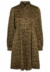 Grön klänning med krage och långärmar, med en flerfärgad blommig tryck, texturerad tyg och rynkad midjedetalj.