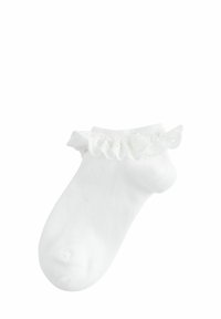 Calzino bianco alla caviglia con un bordo di pizzo arricciato. Realizzato in cotone soffice con una trama liscia. Presenta una punta rinforzata per la durata.