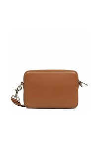 Borsa rettangolare in pelle marrone con una superficie liscia, chiusura con zip e tracolla regolabile con hardware in argento.