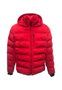 Rote gepolsterte Jacke mit Kapuze, ausgestattet mit einem Reißverschluss vorne, elastischen Bündchen und horizontalem Steppdesign zur Isolierung.