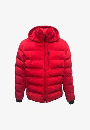 Rote gepolsterte Jacke mit Kapuze, ausgestattet mit einem Reißverschluss vorne, elastischen Bündchen und horizontalem Steppdesign zur Isolierung.