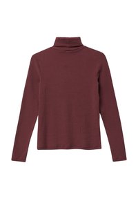 Langärmliger, gerippter Rollkragenpullover in dunklem Burgunderrot, mit einer figurschmeichelnden Silhouette und einfachem Saum.