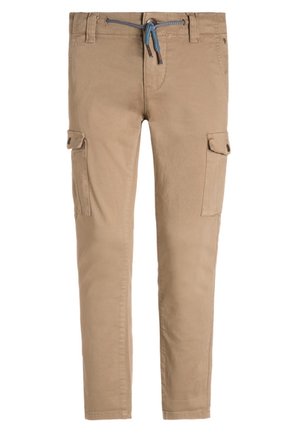 Beige cargo pants with side flap pockets, belt loops, and a blue drawstring waist tie, displayed against a white background.