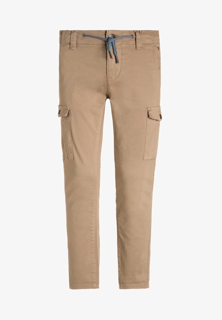 Beige cargobroek met zijflappzakken, riemlussen en een blauwe taillekoord, getoond tegen een witte achtergrond.