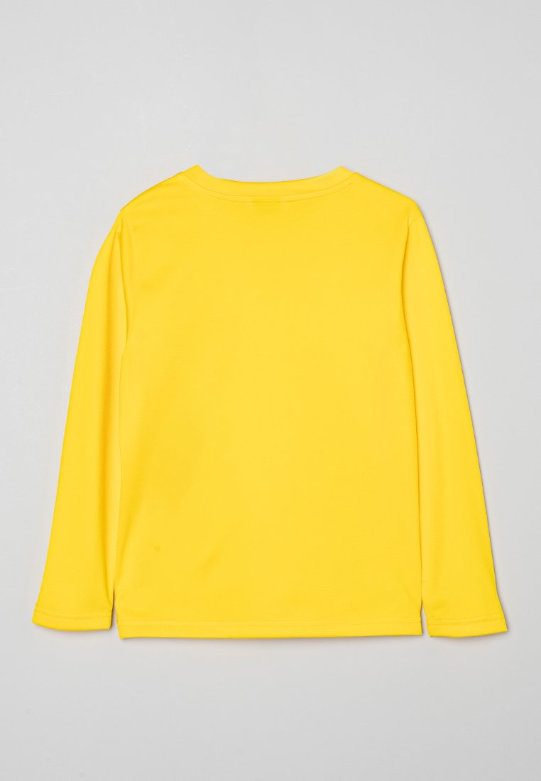 Chemise à manches longues de couleur jaune vif, en tissu lisse. Dotée d'un col rond et d'une coupe décontractée. Aucun motif ni matériel visible.