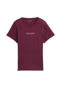 T-shirt en coton bourgogne à manches courtes et col rond, avec le logo "TOM TAILOR EST 1962" en blanc sur le devant.