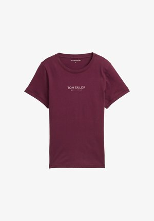 T-shirt di cotone bordeaux con maniche corte e scollatura rotonda, con logo "TOM TAILOR EST 1962" in bianco sulla parte anteriore.