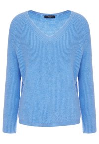 Light blue knitted sweater with a V-neck, long sleeves, and a textured finish. Simple design without embellishments or patterns.