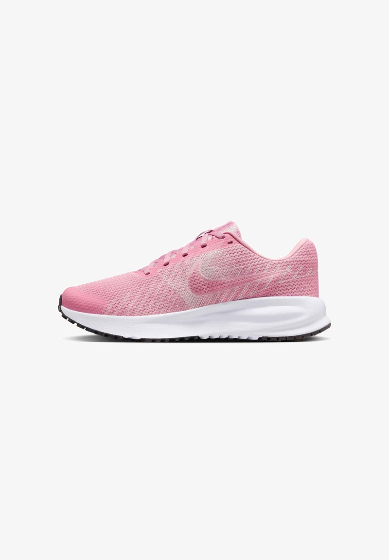 Scarpa da ginnastica rosa con tomaia in rete traspirante, intersuola bianca e suola testurizzata. Presenta un design con lacci e tallone rinforzato.