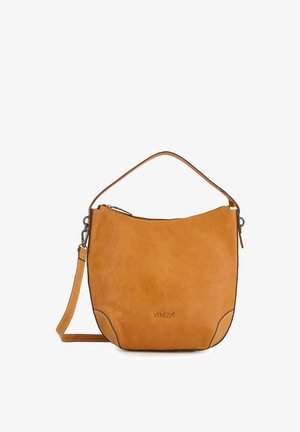 Tan lædertaske med en buet silhuet, lynlås Lukning og en aftagelig skulderrem. Har diskret syninger og et logo.