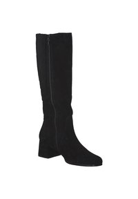 Botte noire en daim à hauteur de genou avec un talon carré, fermeture éclair latérale et une texture lisse. Le design à bout effilé ajoute une touche moderne.