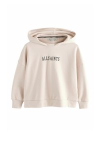 Sudadera color beige claro con un corte relajado, que presenta un bolsillo tipo canguro en el frente y el logo 'ALLSAINTS' en negro. Tejido suave y texturizado con puños acanalados.