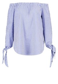 Blusa off-the-shoulder en rayas verticales azules y blancas, con mangas largas atadas en los puños y escote fruncido. Tela ligera.