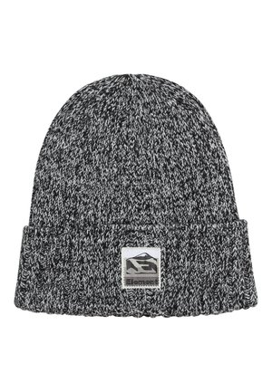 Knitted black and gray beanie with a folded cuff and a square logo patch featuring mountain design and brand name on the front.