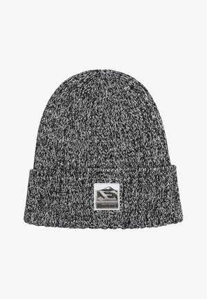 Knitted black and gray beanie with a folded cuff and a square logo patch featuring mountain design and brand name on the front.