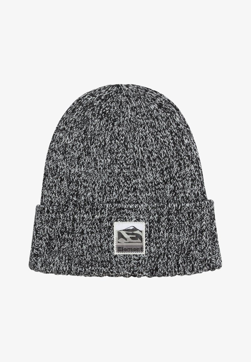 Bonnet en tricot noir et gris avec un revers replié et un patch logo carré présentant un design de montagne et le nom de la marque à l'avant.