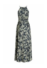 Kukallinen maksimekko tummansinisessä värissä, jossa on vaaleanbeigejä kukkakuoseja. Hihaton, kyytää tiukkaa vyötäröä ja virtaavaa hametta. Valmistettu kevyestä kankaasta.