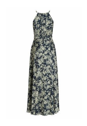 Robe maxi fleurie en bleu marine avec des motifs de fleurs beige. Sans manches, elle dispose d'une taille cintrée et d'une jupe fluide. Fabriquée à partir d'un tissu léger.