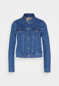 Chaqueta de mezclilla azul con cuello, dos bolsillos en el pecho y cierres de botón. Presenta un diseño corto y una tela texturizada clásica.