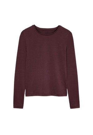 Maglietta a maniche lunghe, marrone scuro, con scollo tondo, design semplice e un solo bottone vicino al colletto su sfondo bianco.