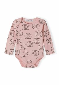 Bodysuit à manches longues rose avec motif éléphant noir, dotée de fermetures à pression en bas et d'un col rond. Matériau en coton doux.