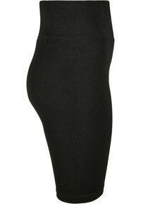 Schwarzer, hoch taillierter, knielanger Umstandrock aus glattem Stretchstoff mit geschwungenem Design, das einem Babybauch Platz bietet.