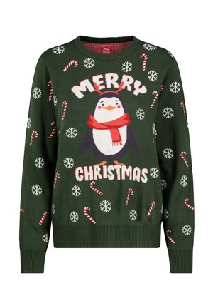 Green knitted sweater featuring a penguin with a red scarf, "MERRY CHRISTMAS" text, snowflakes, and candy cane patterns throughout.
