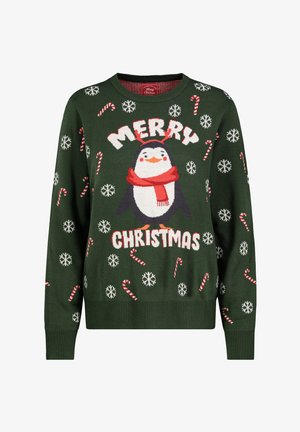 Grüner, gestrickter Pullover mit einem Pinguin mit rotem Schal, dem Text "FROHE WEIHNACHTEN", Schneeflocken und Zuckerstangenmustern.