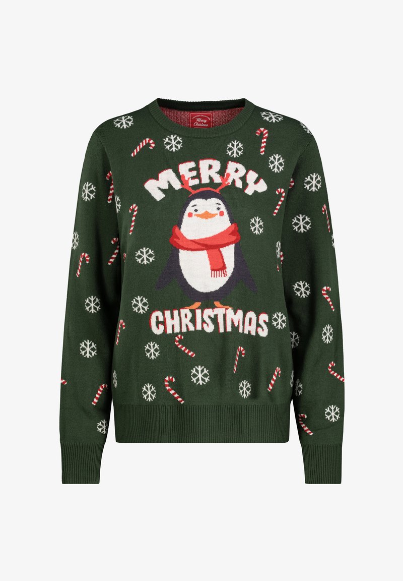 Grüner, gestrickter Pullover mit einem Pinguin mit rotem Schal, dem Text "FROHE WEIHNACHTEN", Schneeflocken und Zuckerstangenmustern.