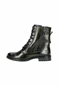 Botas de tobillo con cordones hechas de cuero sintético verde oscuro brillante, con un cierre lateral con cremallera, acentos texturizados y un pequeño tacón para mayor estabilidad.