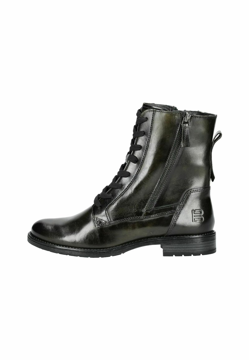 Botas de tobillo con cordones hechas de cuero sintético verde oscuro brillante, con un cierre lateral con cremallera, acentos texturizados y un pequeño tacón para mayor estabilidad.