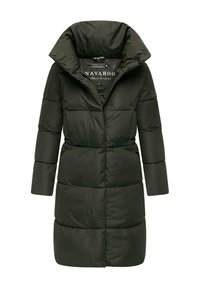 Dark green, padded puffer coat with a high collar, snap buttons, and long sleeves. Smooth texture with quilted sections. Brand logo inside.