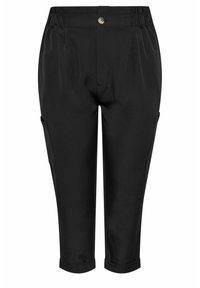 Pantalones negros de tejido suave con cintura ajustada, pliegues en la parte delantera y dobladillos enrollados. Cuenta con bolsillos laterales y cierre de botón en la parte frontal.