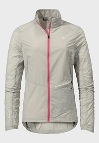 Leichte, graue Jacke mit hohem Kragen, pinkem Reißverschluss und Seitentasche; verfügt über lange Ärmel und ein glattes, wasserabweisendes Material.
