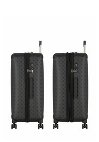 Valigia rigida nera con accenti argentati, finitura texturizzata, chiusura con zip, doppie ruote e manico estraibile. Design a motivo su tutta la superficie.