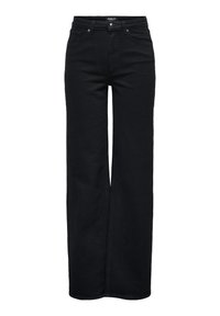 Jean noir taille haute à jambe large avec poches avant, passants de ceinture et fermeture à bouton.