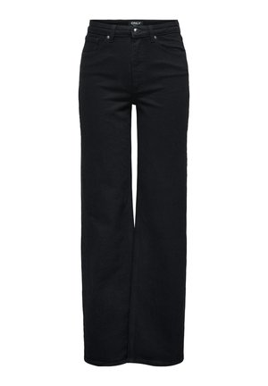 Jean noir taille haute à jambe large avec poches avant, passants de ceinture et fermeture à bouton.