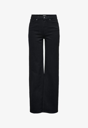 Calças jeans largas de cintura alta pretas, com bolsos frontais, passantes para cinto e fecho de botão.