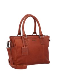 Sac à main en cuir d'une riche couleur rouille, doté de poignées doubles, d'une bandoulière amovible et de quincaillerie en ton argent avec un logo de marque en relief.