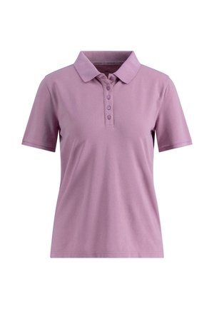 Polo a maniche corte lilla in cotone, con colletto classico, pattina con sei bottoni e texture liscia.