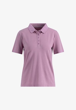 Liliowa koszulka polo z krótkim rękawem, wykonana z bawełny, z klasycznym kołnierzykiem, sześcioma guzikami i gładką fakturą.