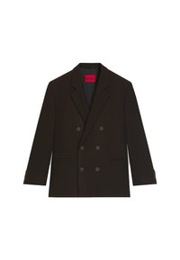 Blazer doppiopetto marrone scuro con rever a becco, dotato di un audace etichetta rossa "HUGO" e due bottoni sul davanti.