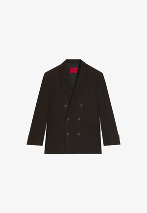 Dark brown double-breasted blazer with notched lapels, featuring a bold red "HUGO" label and two buttons on the front.